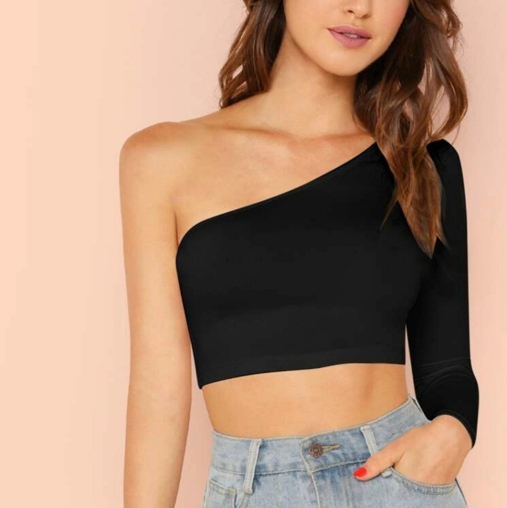 One Shoulder Black Crop Top